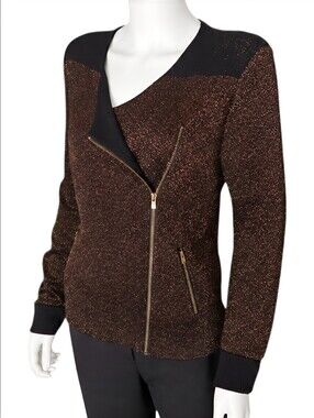 MAJE | Katimini Metallic Knit Moto Cardigan Jacket Brown Black Size 2 / M